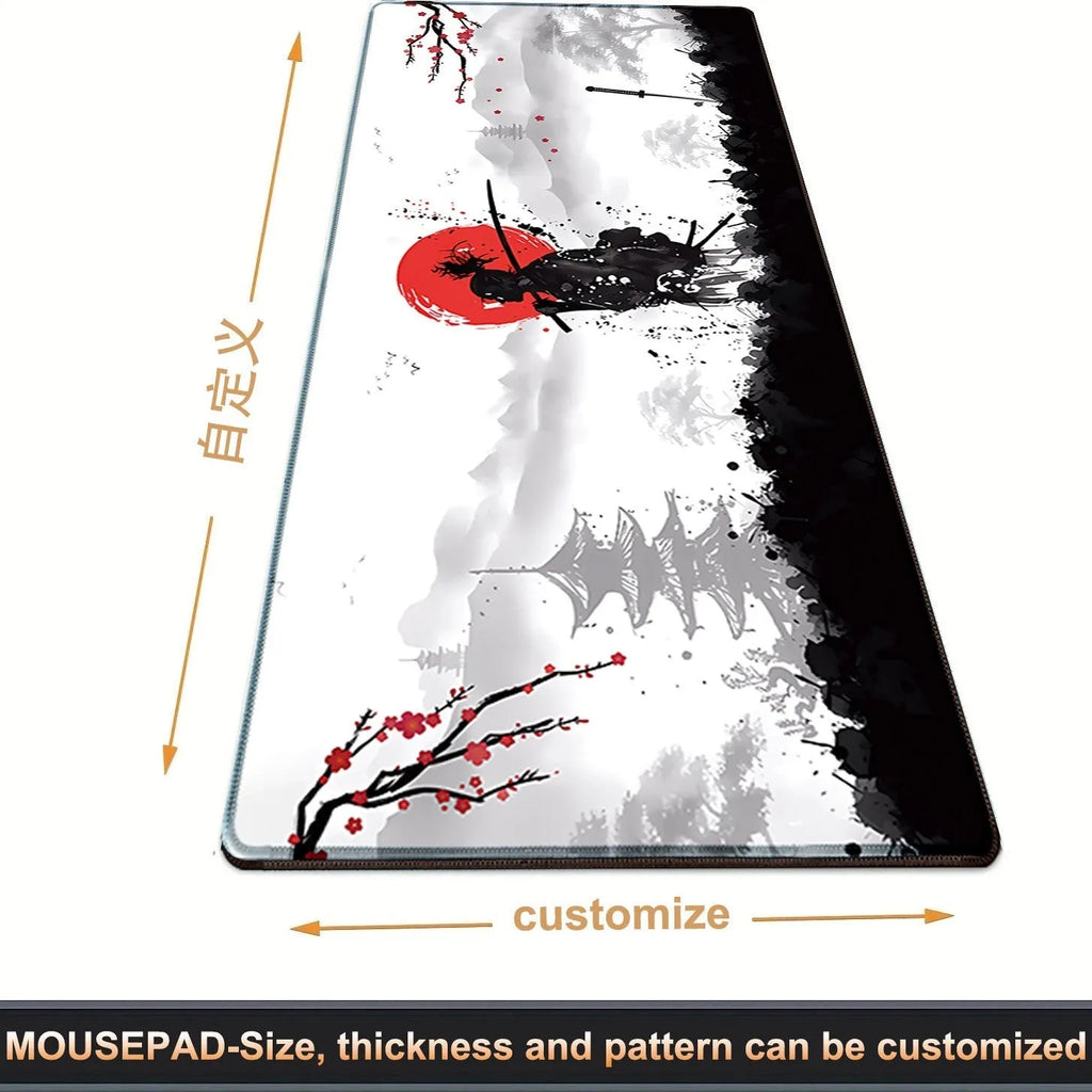 Japanese samurai pattern gaming mouse pad on desk with computer mouse