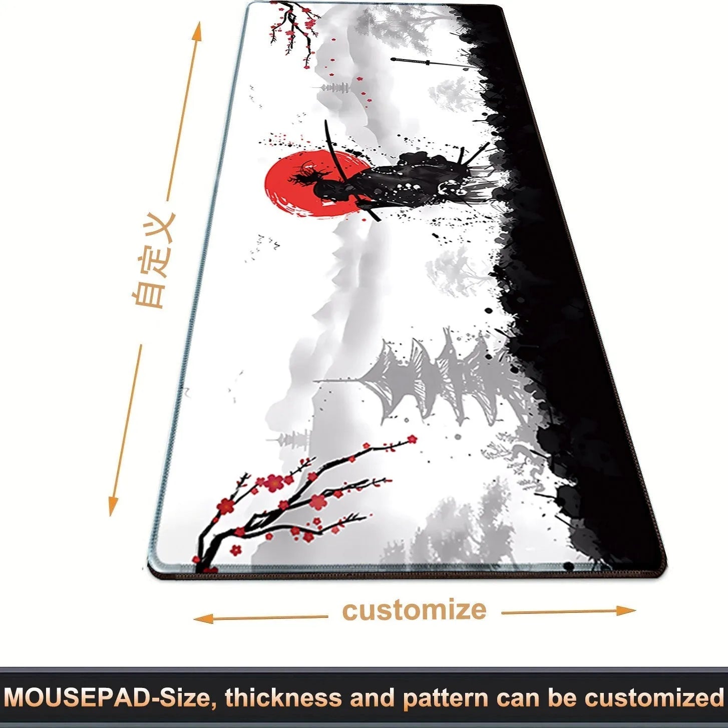 Japanese samurai pattern gaming mouse pad on desk with computer mouse