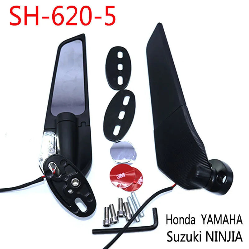 Pair of yellow motorcycle rearview mirrors with integrated running reflectors, showing convex glass lens and aluminium housing.