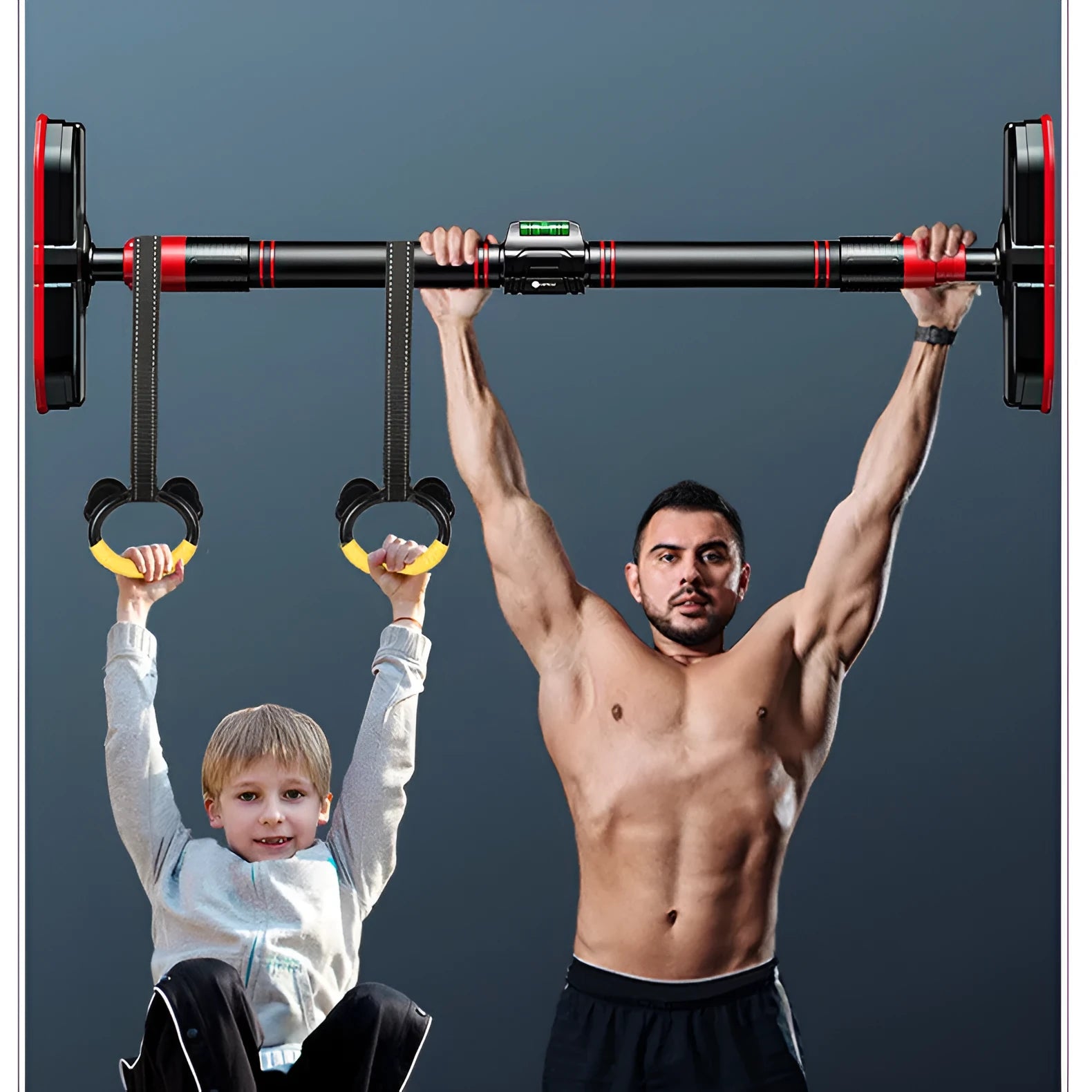 Black steel pipe pull-up bar with EVA and PVC grips installed in a door frame, adjustable 66-90cm
