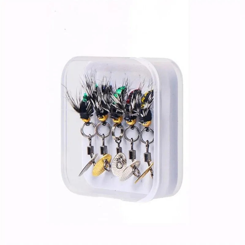 Five bionic poisonous mosquito fishing hooks with spinning sequins in multicolour patterns