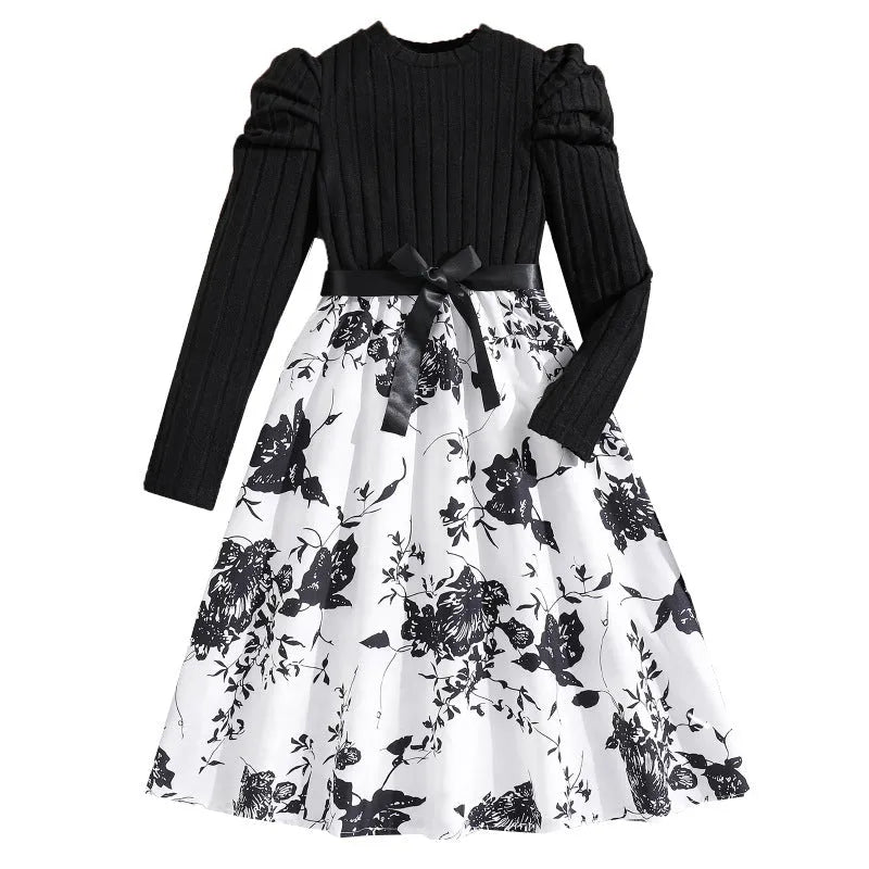 Girls' long sleeve knitted princess dress with retro floral patchwork print, black or graphite, sizes 130cm to 170cm.