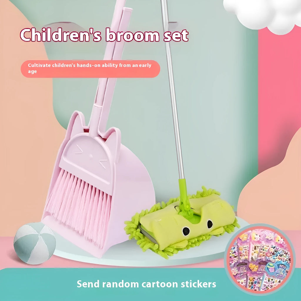 Purple plastic broom and dustpan set with a rotating brush holder on a wooden floor.