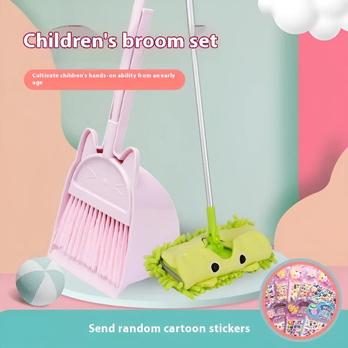 Purple plastic broom and dustpan set with a rotating brush holder on a wooden floor.