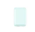A black magnetic wireless power bank attached to the back of an iPhone for charging.