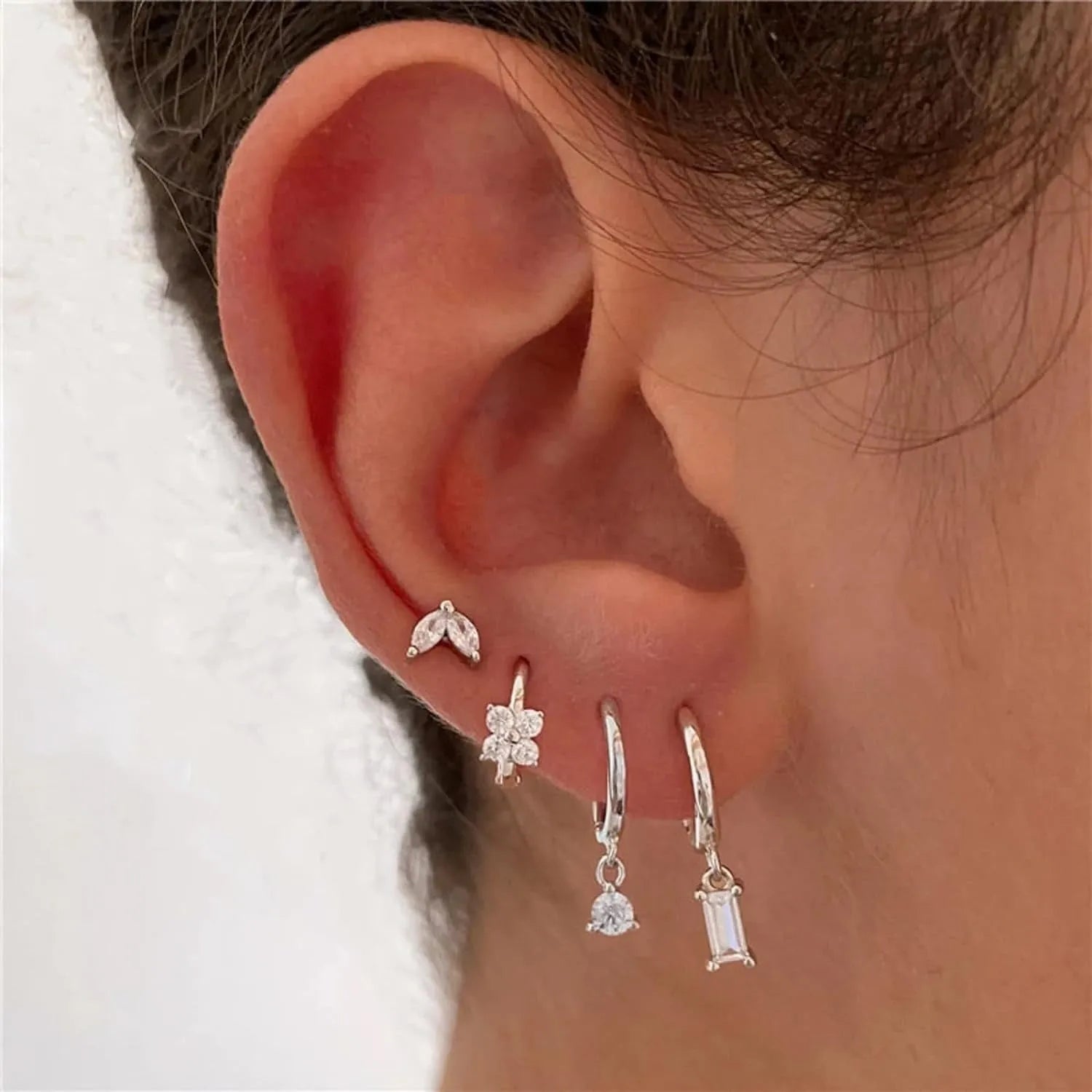 Geometric square earrings set with zircon details in gold or silver electroplated finish for women