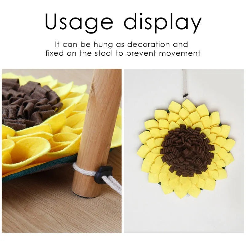 Yellow sunflower-shaped dog snuffle mat with rope and buckle attachment for slow feeding