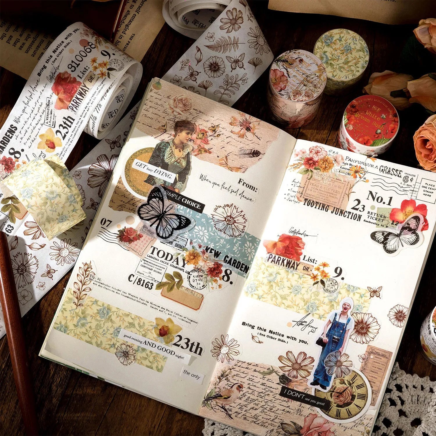 Roll of Japanese paper floral washi tape with vintage watercolour designs for journaling and craft projects