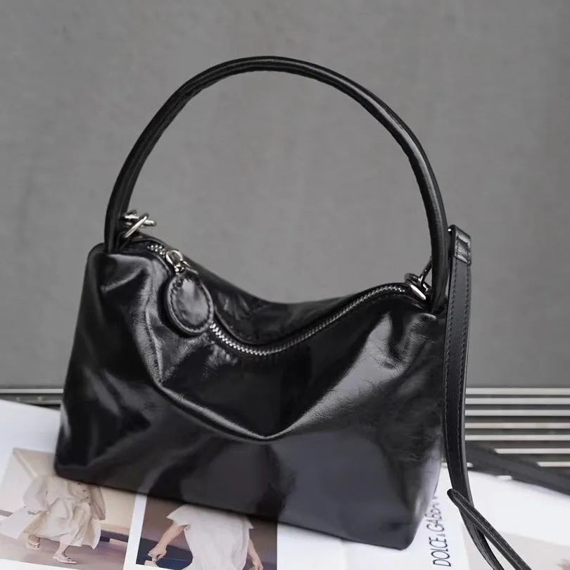 Genuine leather patent gloss shoulder bag horizontal square 19x7.5x14cm black colour