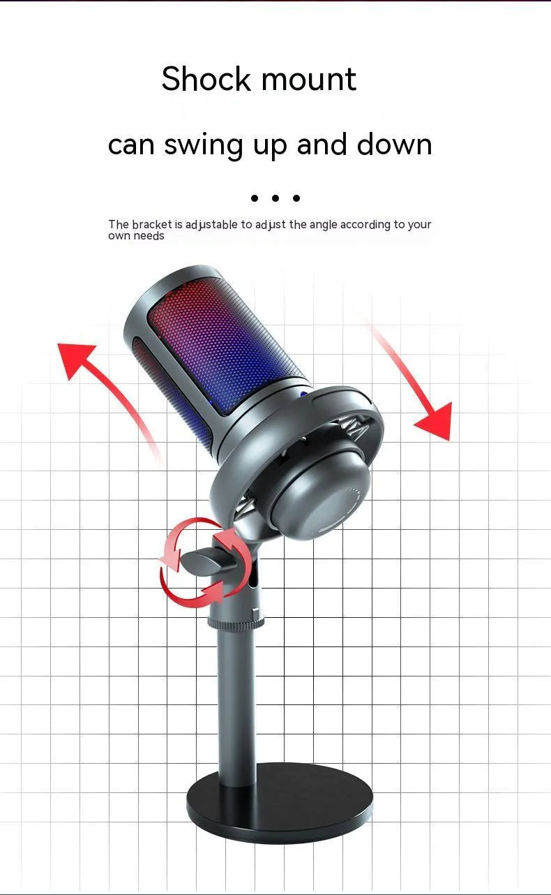 USB condenser microphone with RGB lighting in black, white, or pink colours for computer recording