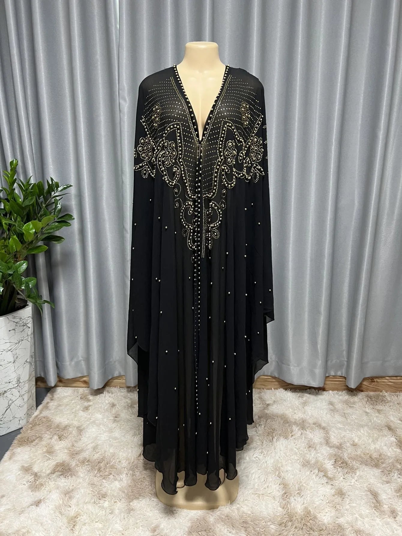 Long purple chiffon shawl with rhinestone beading, draped to show length and detail.