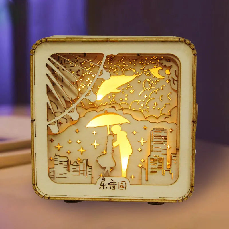 3D wooden puzzle night lamp assembled as a small ornament with train station design on a desk