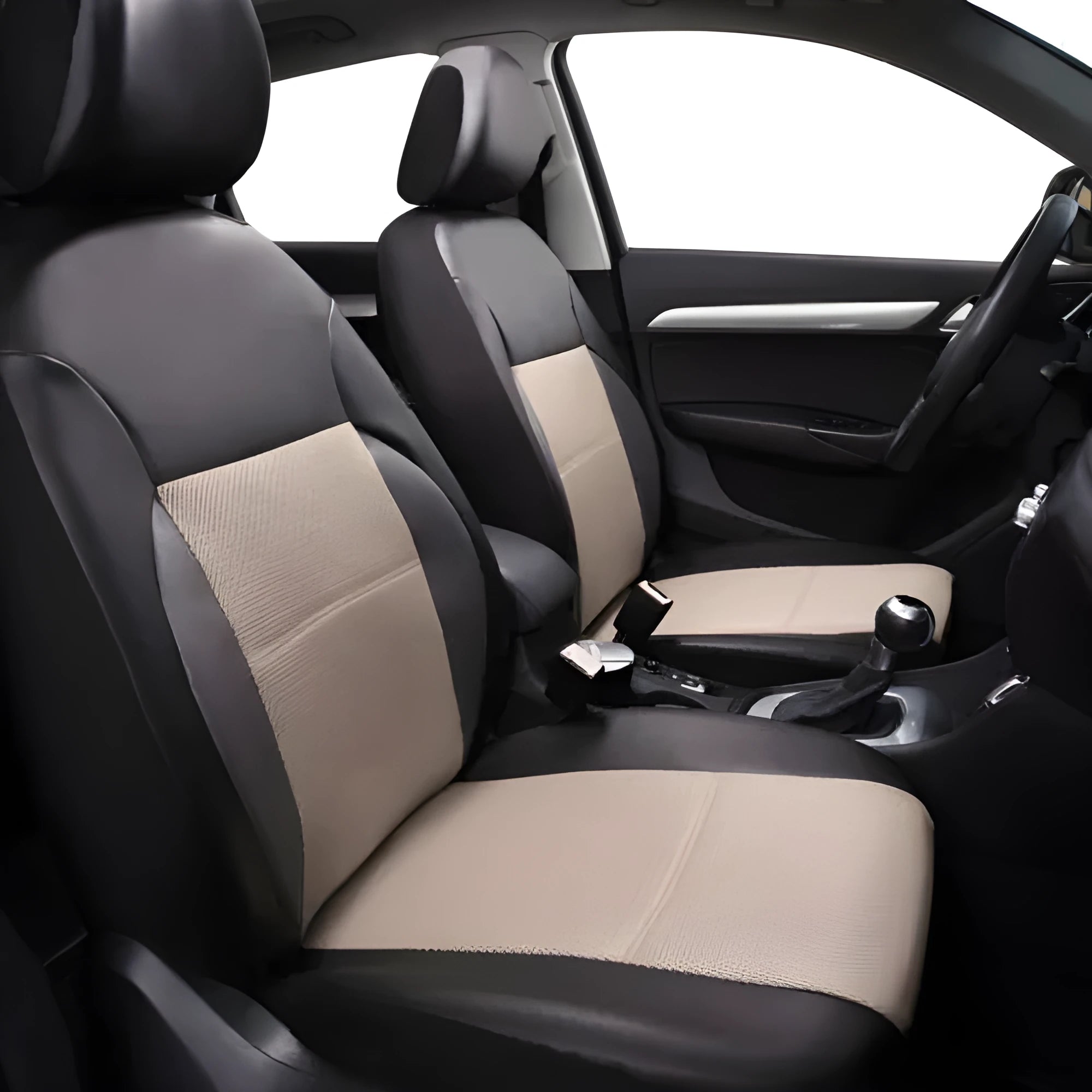 Set of black artificial leather car seat covers for front and back seats, shown with installation hooks.