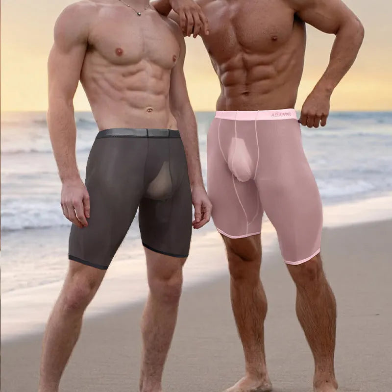 Men's black seamless mesh home shorts made from nylon knit fabric