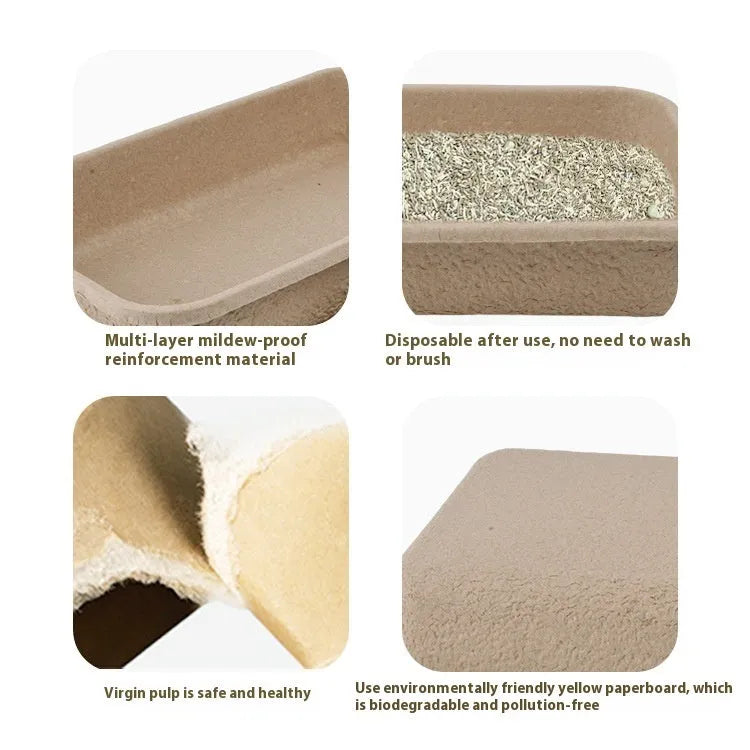 Brown disposable waterproof cat litter box showing three size options for biodegradable pet waste management