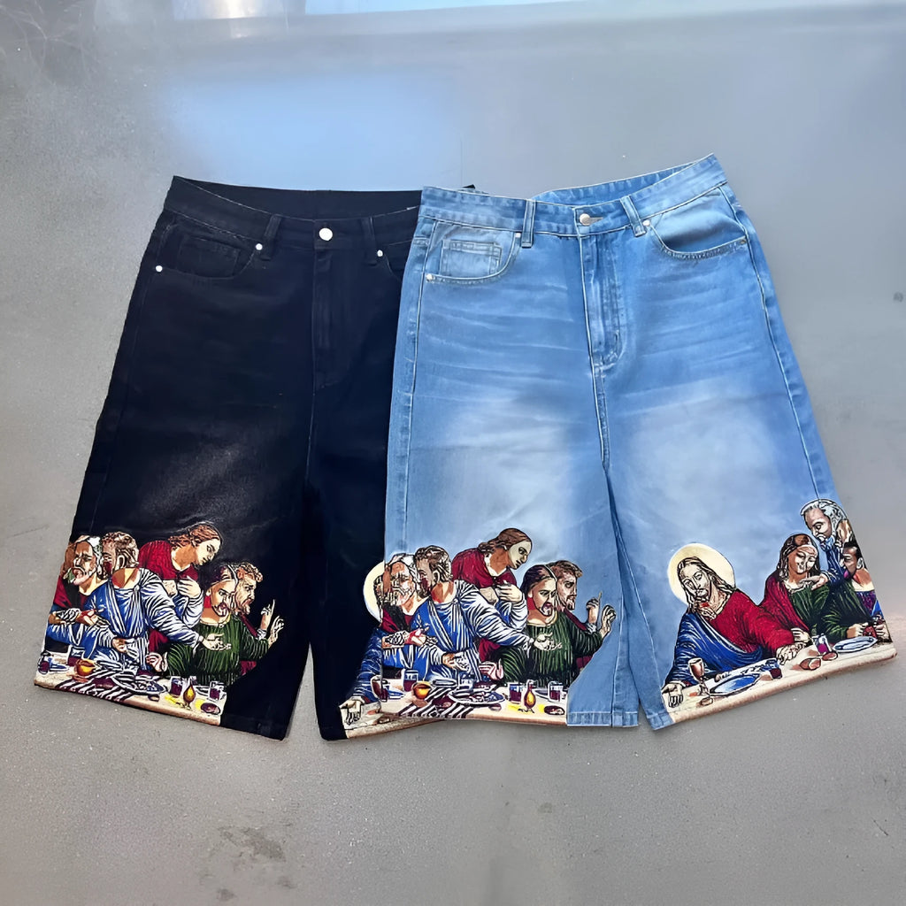 Men's blue cotton shorts with Jesus printed back pocket in tapered casual design