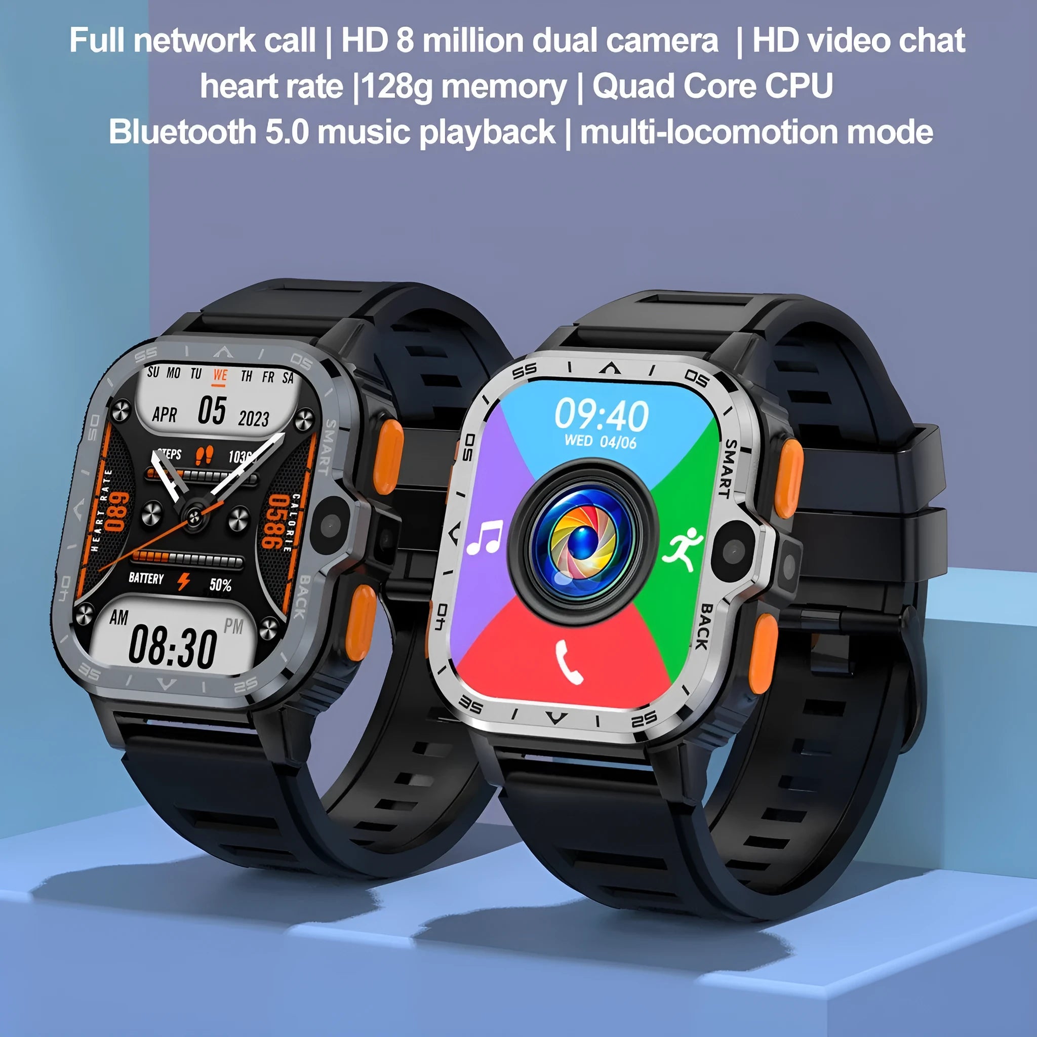 Black or Silver student smart watch with touch screen, showing Bluetooth calling and heart rate monitoring functions.