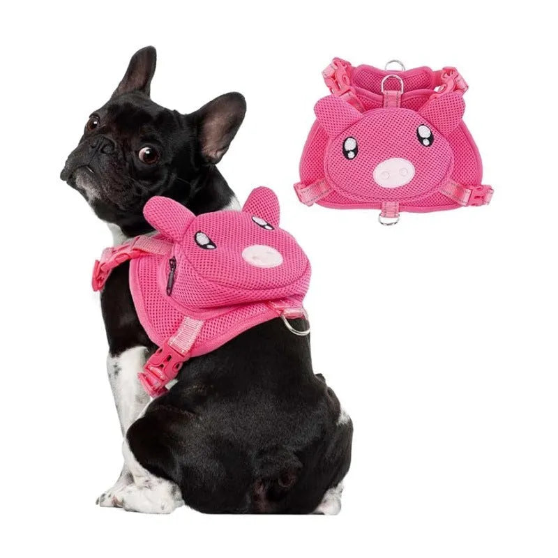 Adjustable polyester pet dog breast strap backpack with cartoon animal pattern, blue option, 10x10x3cm size
