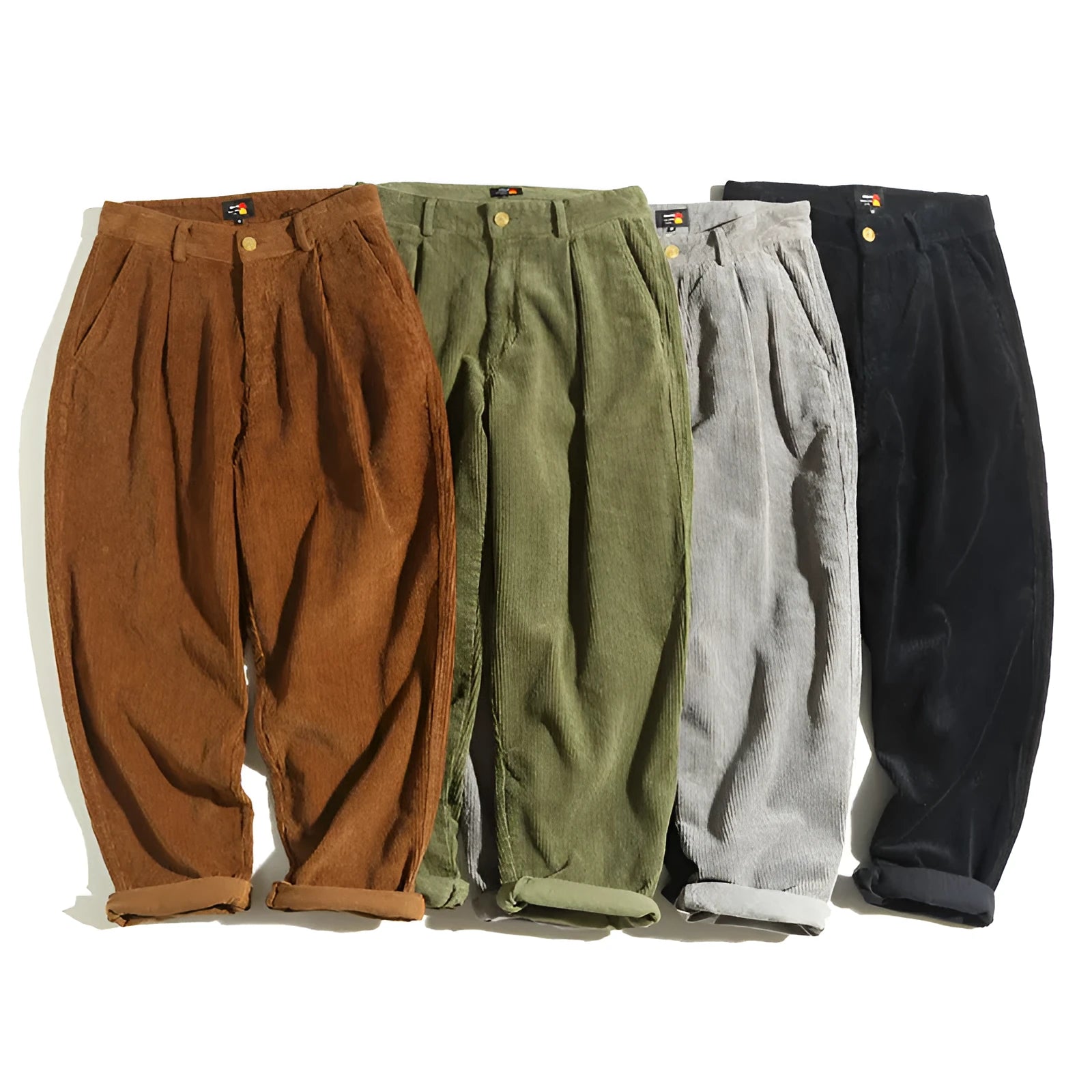 Men's straight-leg corduroy trousers in army green, showing front zipper fly and textured fabric.