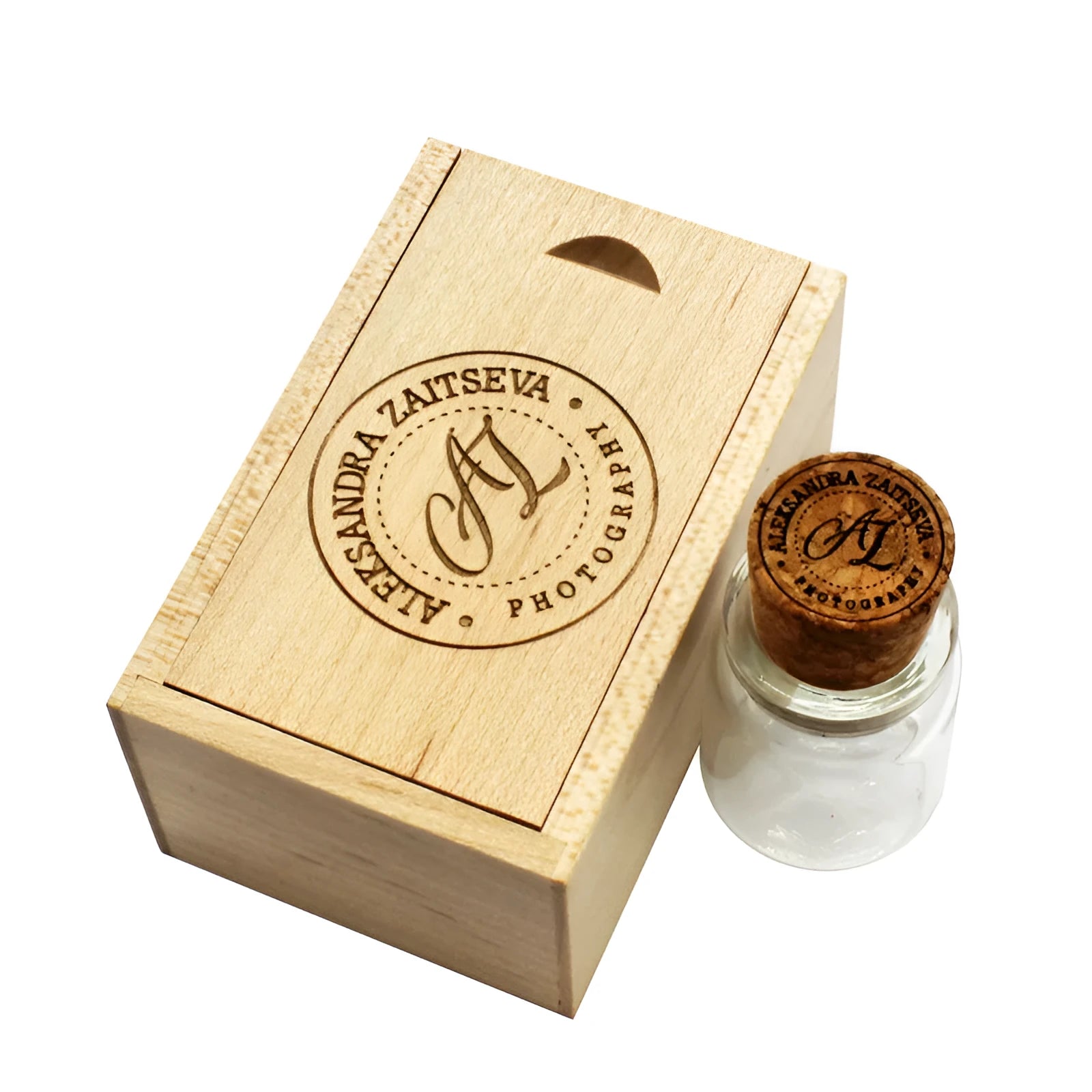 Chocolate brown wooden USB flash drive disk with personalised text engraving, shown with USB connector.