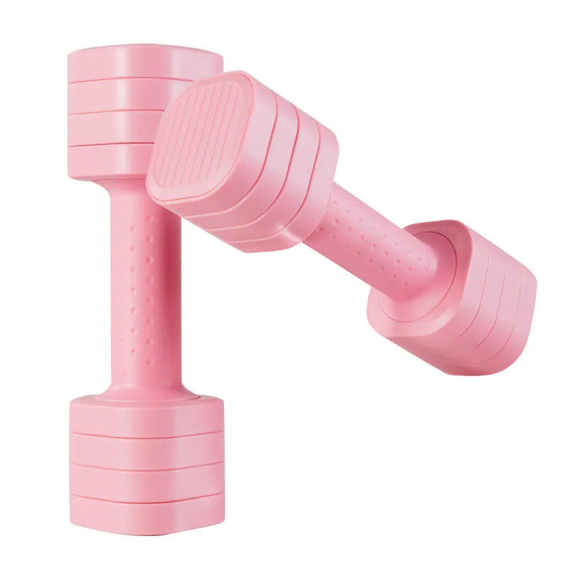 Set of pink detachable ABS plastic dumbbells for women's fitness, showing 5 lb weight.