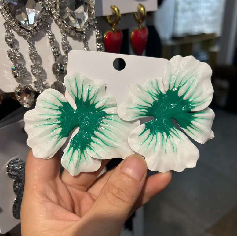 Pastoral style alloy floral stud earrings with oil-spot glaze finish in four colour options