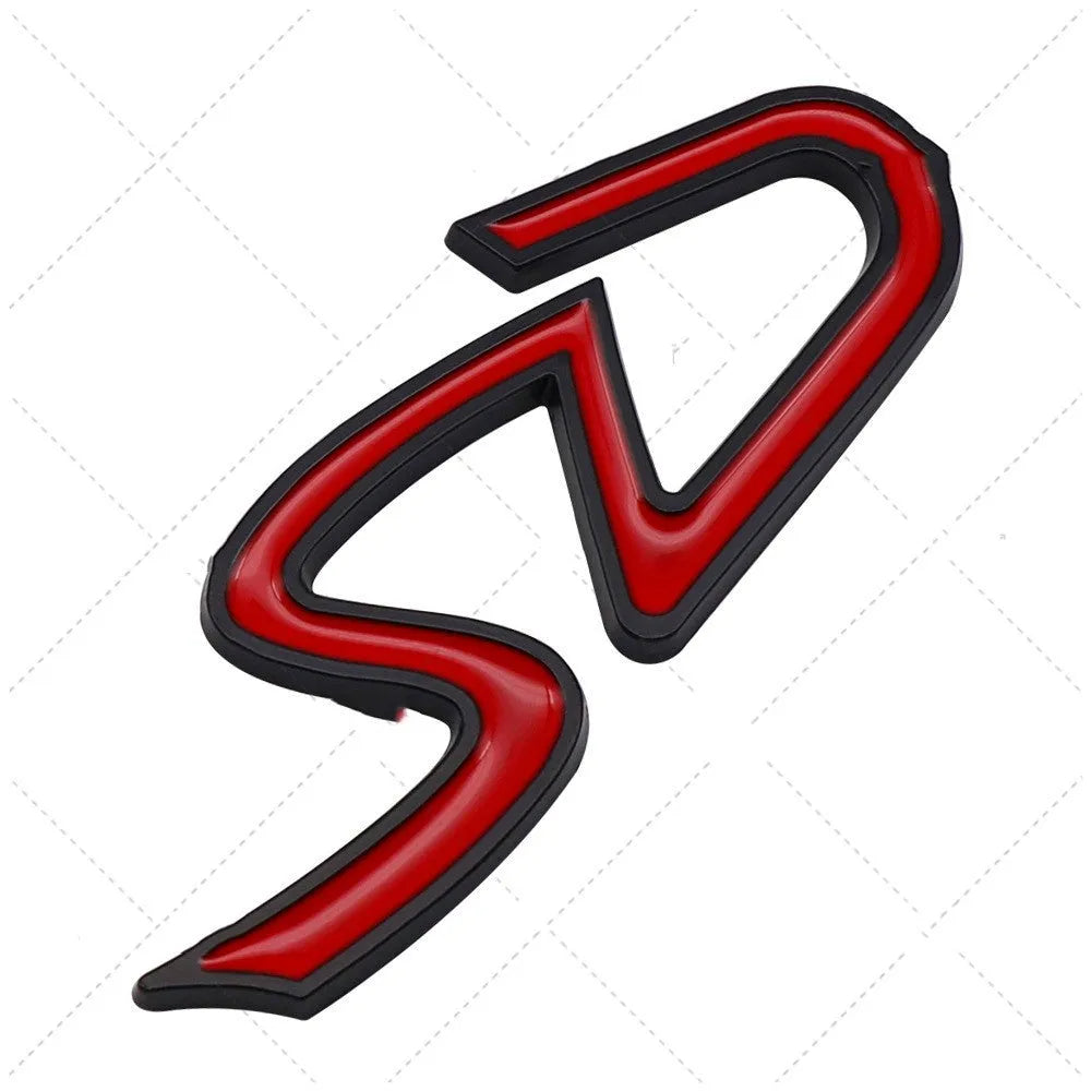Red and silver metal SD design car sticker on a vehicle bumper.