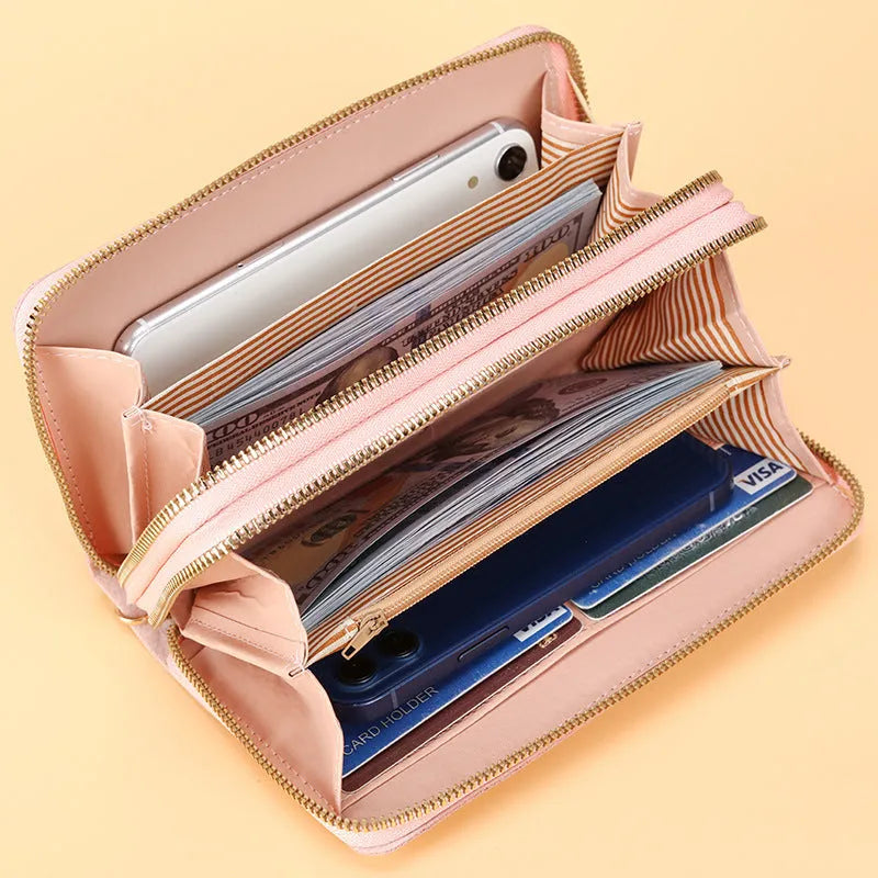 Women's long double zipper wallet in PU leather with multiple card slots – 19cm length, 10.5cm width