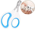 Blue pet nail clippers with circular cut hole and non-slip handles on a white background.
