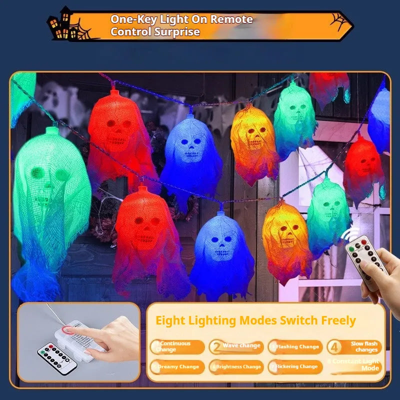 Battery-powered Halloween string lights with multi-coloured LED bulbs on a black wire.