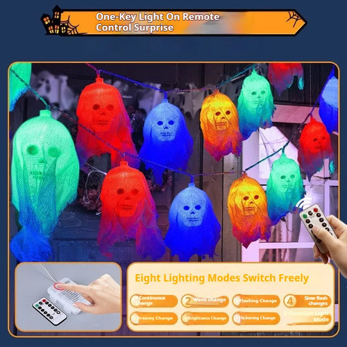 Battery-powered Halloween string lights with multi-coloured LED bulbs on a black wire.