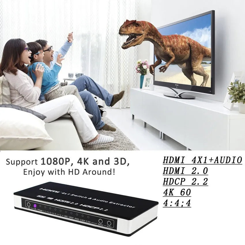 Black HDMI switch with remote control showing four input ports and one output port