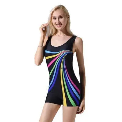 Women's black and blue quick-dry polyester one-piece swimsuit on a mannequin, showing conservative sleeveless design.