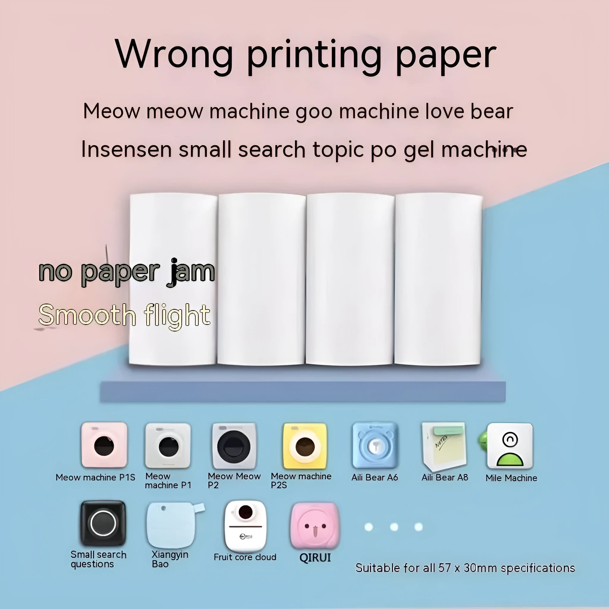 57mm x 30 metre thermal printing paper rolls in pink and yellow for student printers