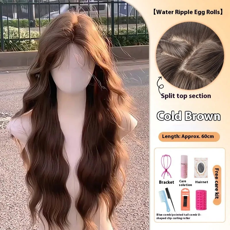 Female full head wig with long curly hair and side bangs in high temperature fibre