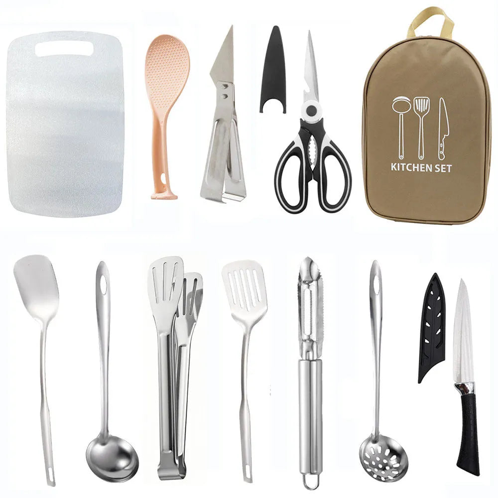 Picnic kitchenware storage bag containing 12-piece stainless steel cutlery set