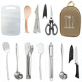 Picnic kitchenware storage bag containing 12-piece stainless steel cutlery set
