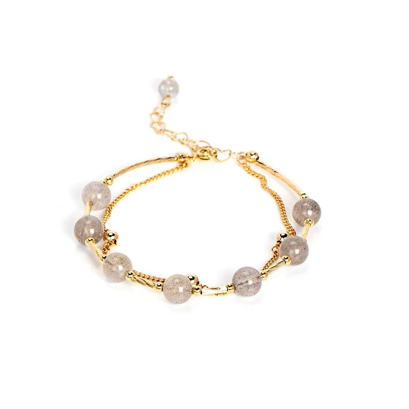 Korean-style women's crystal bracelet with double-layer moonstone design and copper tube framework