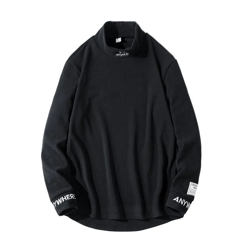 Mens long sleeved high collar polyester casual shirt in grey, embroidery detail, autumn winter