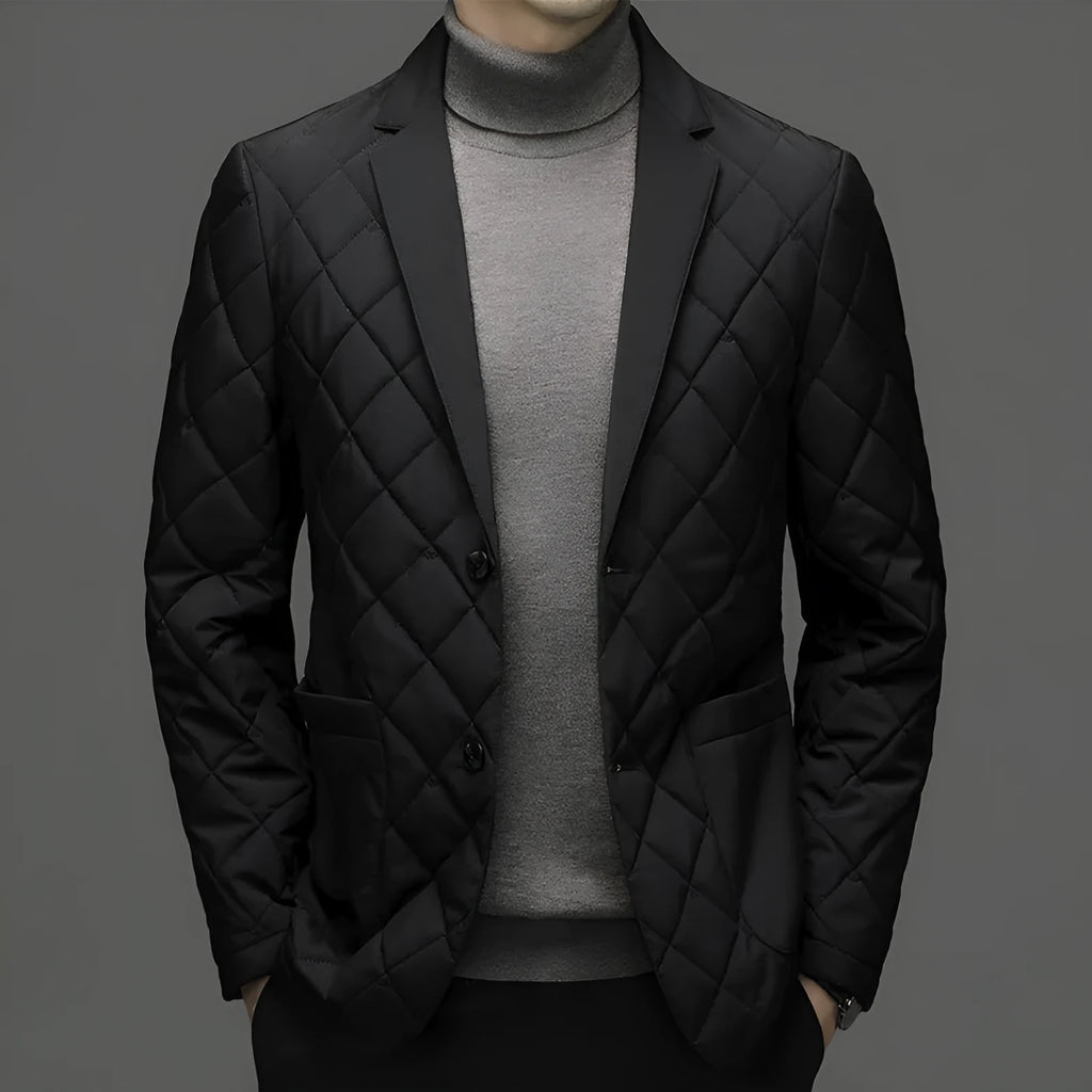Men's black lapel cardigan-style down jacket with side seam pockets.