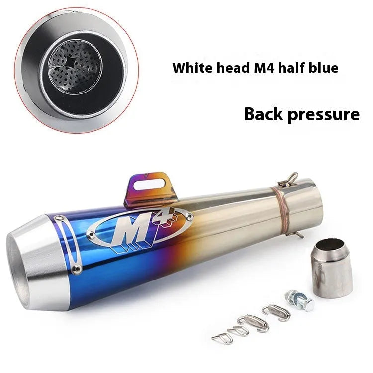 M4 universal motorcycle exhaust pipe in black finish, showing mounting hardware for large displacement bikes.