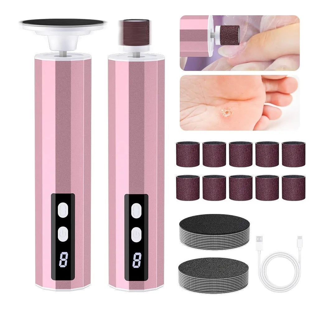 USB rechargeable electric callus remover and nail trimmer set with sandpaper discs on a pink background