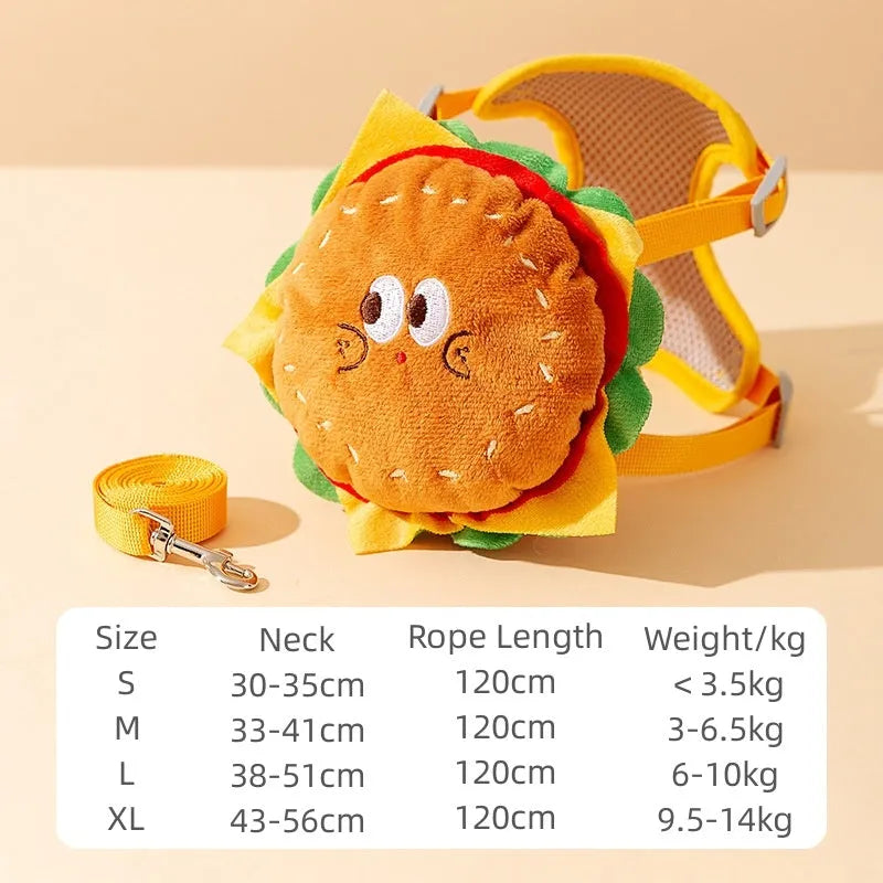 Cartoon hamburger and chips design adjustable escape-proof vest and leash set for dogs and cats
