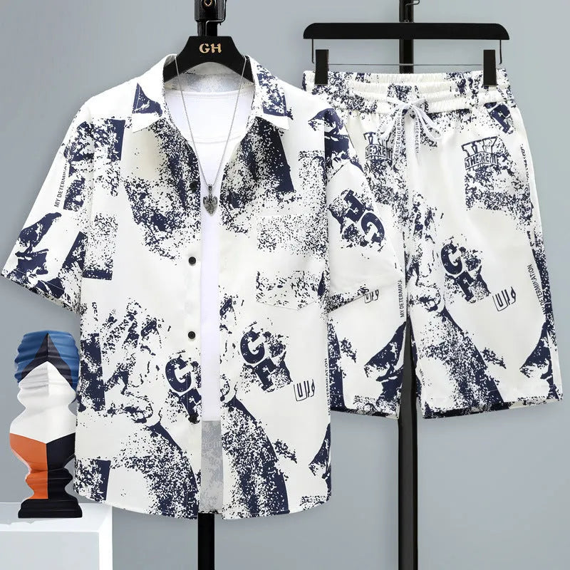 Men's casual sports shorts two-piece set in polyester, showing short sleeve top and matching shorts.