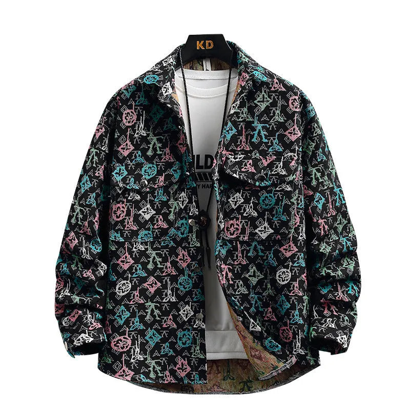 Men's casual lapel shirt coat in polyester, shown in a colour option like black or blue, with long sleeves and a straight hem.