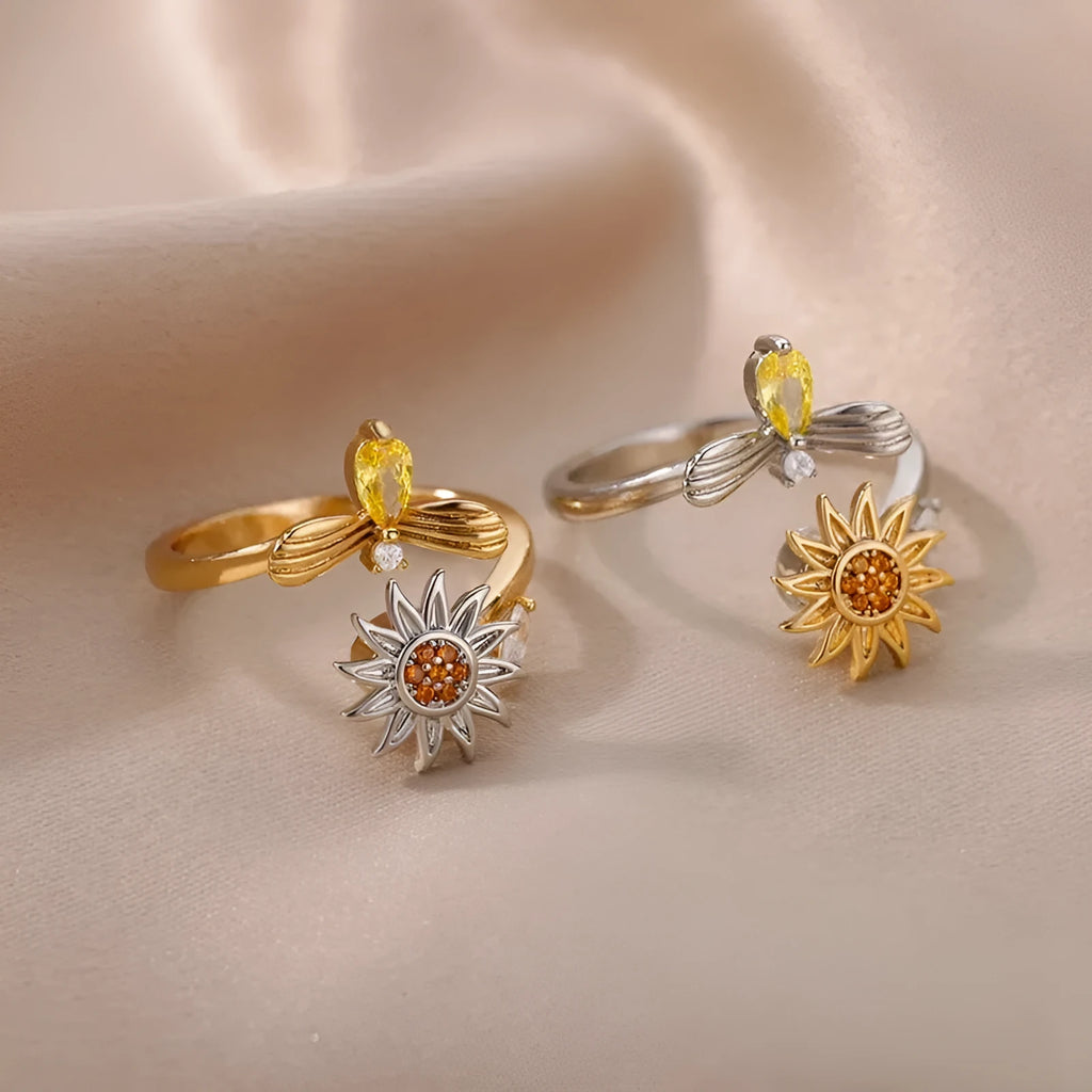 Copper decompression ring with rotatable band, adjustable opening, in gold or platinum colour