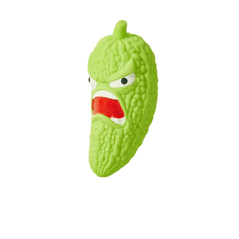 Bitter gourd or chilli shaped dog chew toy with textured surface for tooth cleaning and integrated sound.