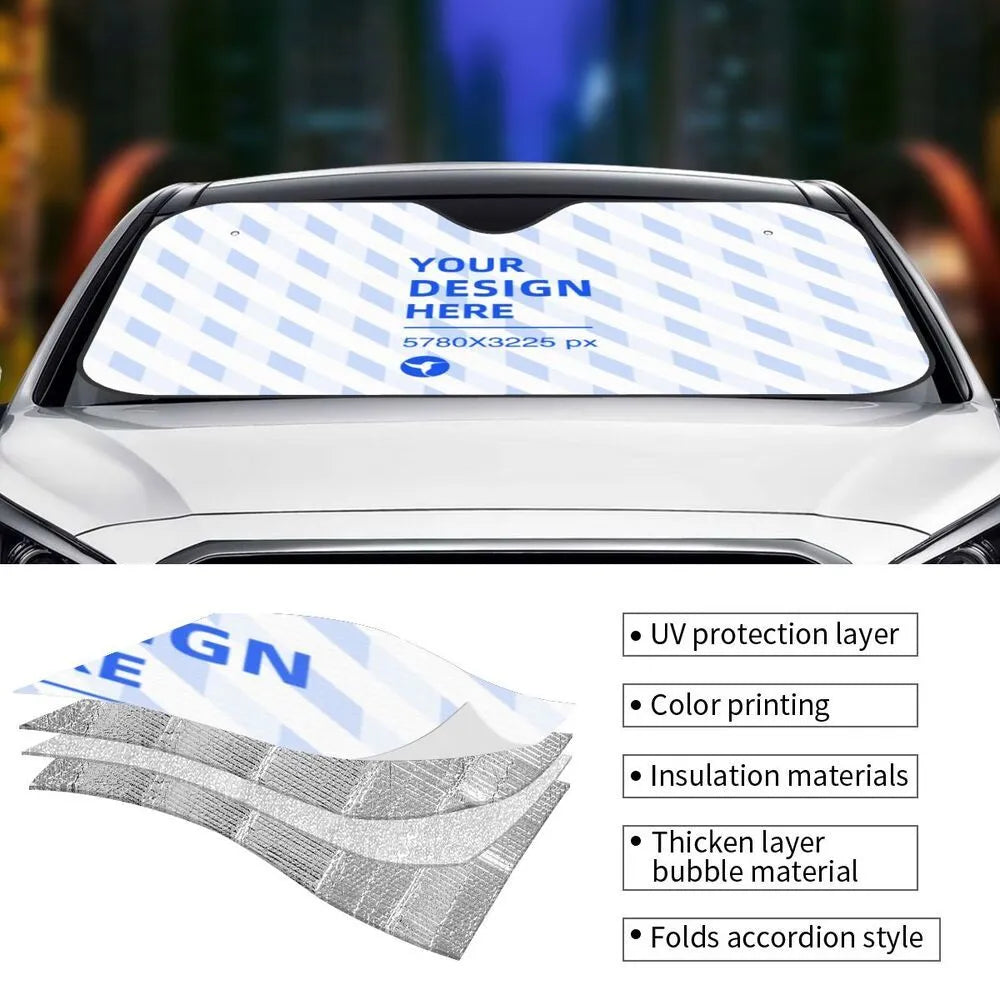 Black stiff heat insulation car windshield sunshade with eagle print, polyester bubble aluminium film, foldable design with elastic band