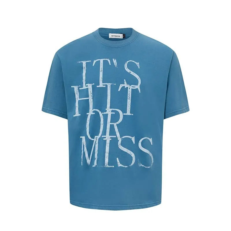 Men's blue American-style letter print loose fit cotton blend t-shirt