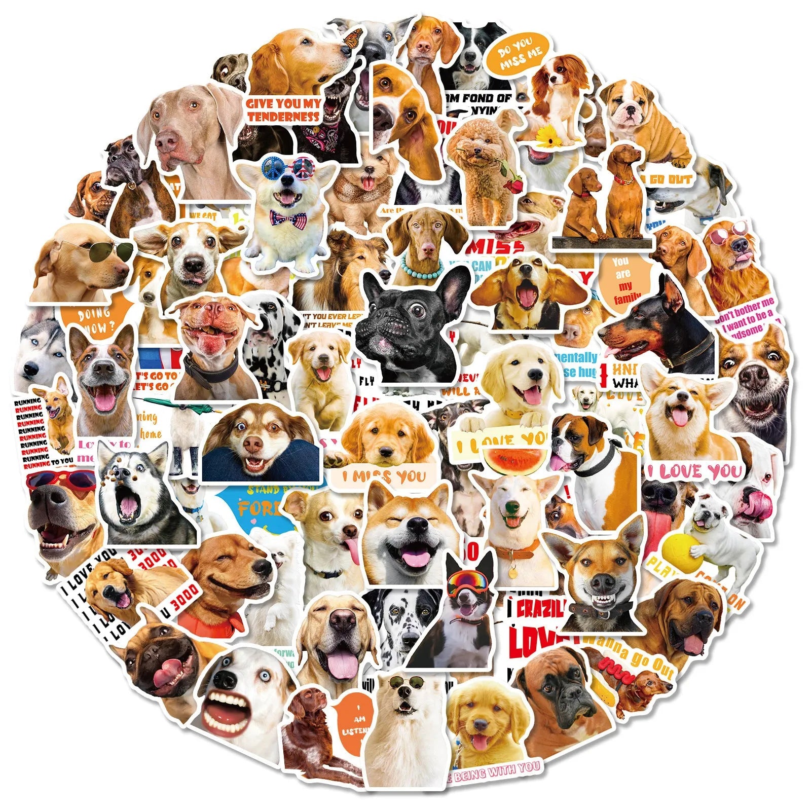Pack of 100 realistic Nordic style dog face expression vinyl stickers for decoration.